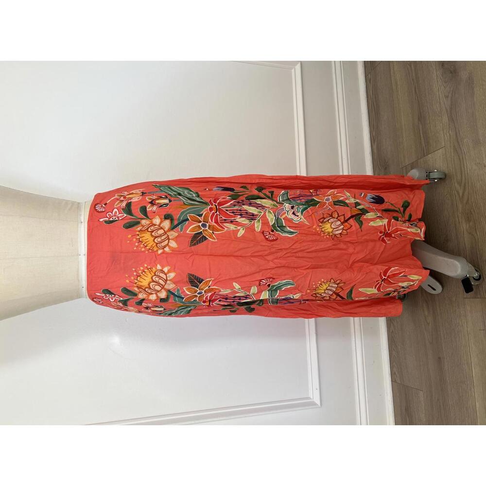 Farm Rio - Coral Floral Midi Skirt with Vibrant Print, Size M - Picture 7 of 10